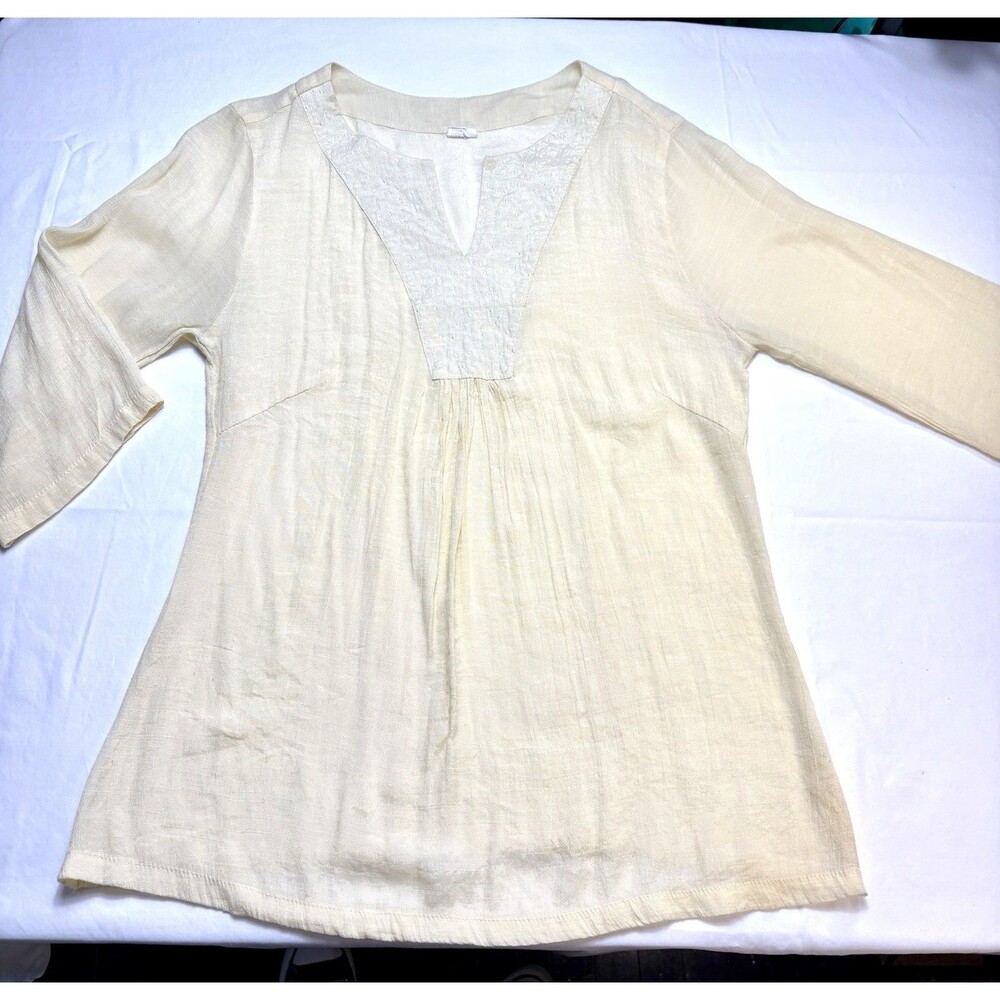 Women’s Yellow Cotton Silk Woven Embroidered V-Neck 3/4 Sleeve Tunic Blouse L
